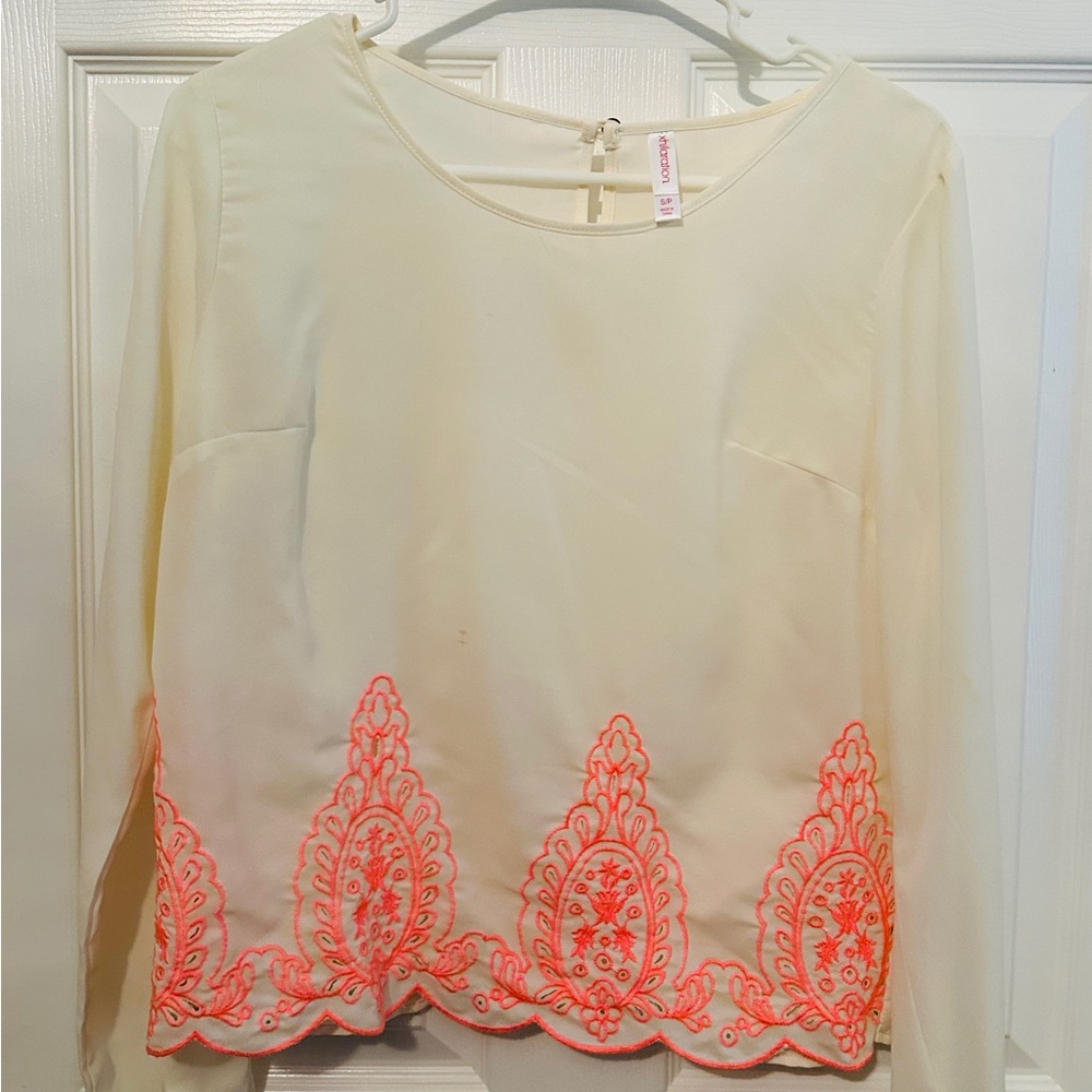 Xhilaration Cream Blouse with Orange Embroidery
